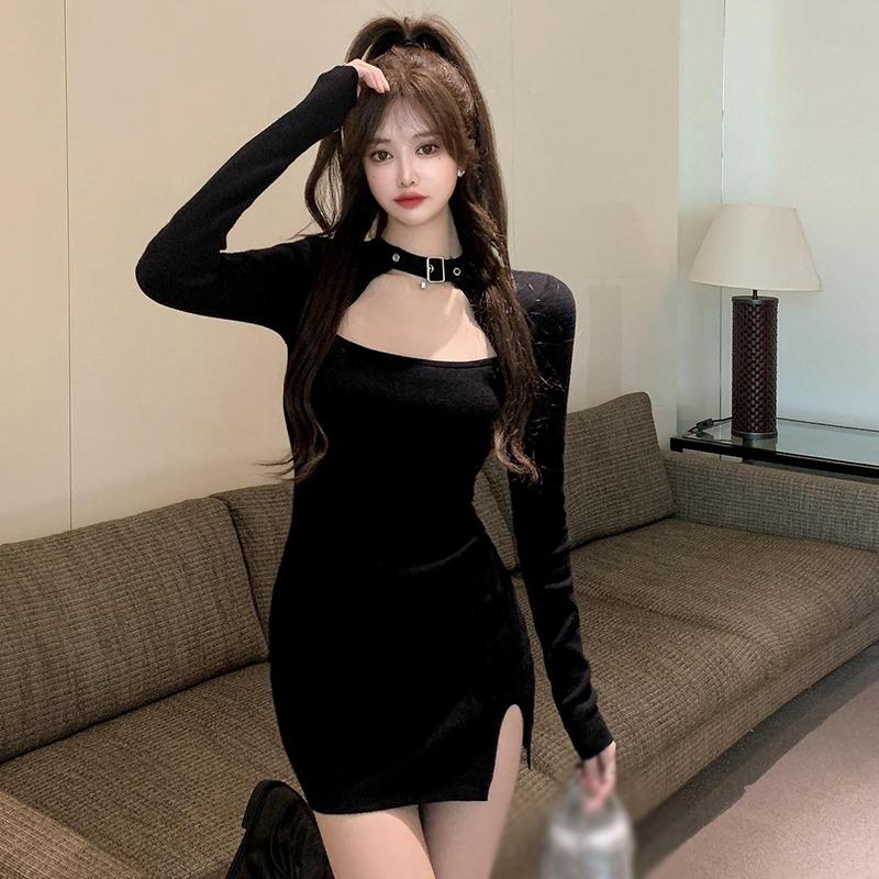 Solid Color Women's Midi Dress Club Dress Bodycon Dress Square Neck Side Split Slim Fit Hollow Out Party Dress