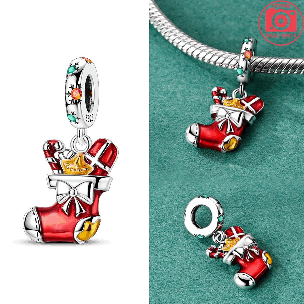 Shiny Christmas Tree Stocking Gift Red Christmas Pendant Bead Fit Bracelet Originalcopper Diy Accessory Set Women Jewelry