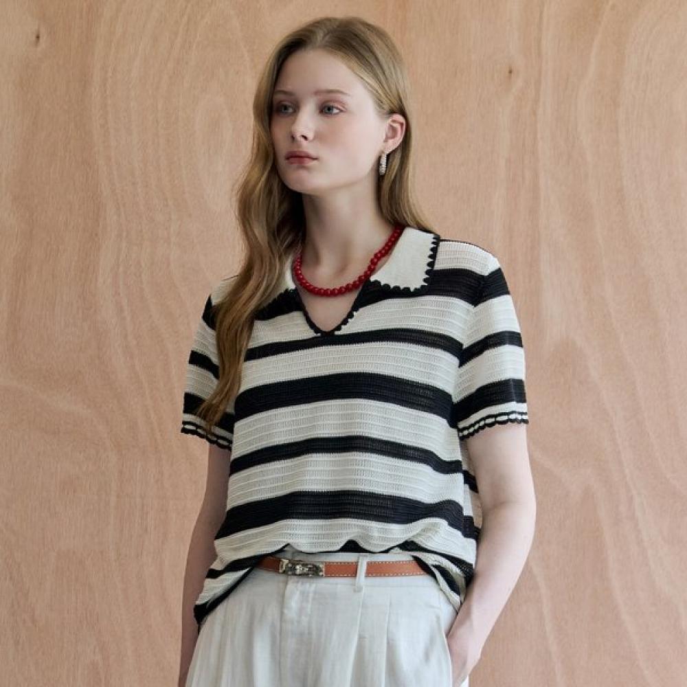 Maxza Summer Knit Open Collar Scallop Stripe Zf08qk004na white/FREE