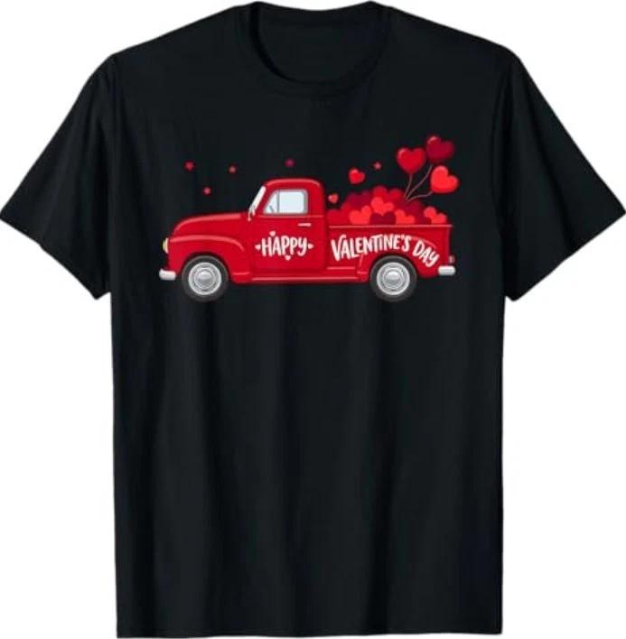 Classic Red Truck Happy Valentine s Day Farmhouse Hearts T-Shirt 4XL