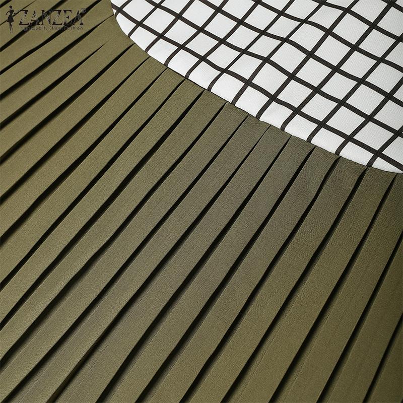 ZANZEA Women Casual Round Neck Plaid Print Patchwork Long Sleeve Blouse