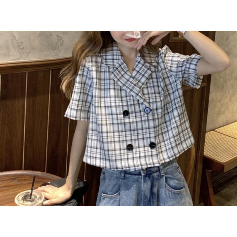 Plaid Suit Collar Short-sleeved Shirt Small Jacket Korean Style Temperament Short Slim Top Women's Trend