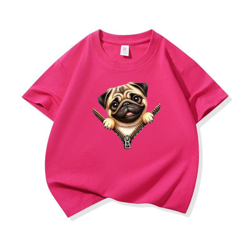 Kids Cotton T Shirt Charming Pug Dog Zipper Print Crew Neck Short Sleeve Tee Casual Breathable Boys Girls Summer Tops