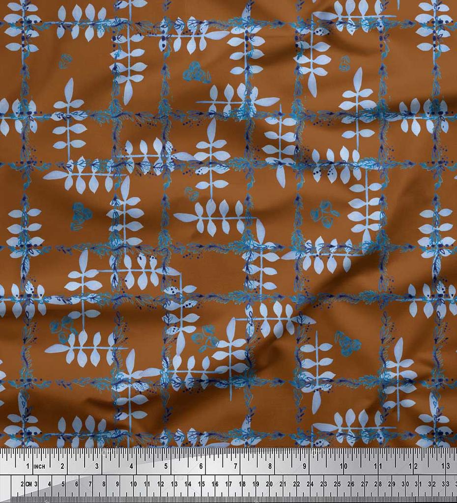 Soimoi Schwarzer Japanischer Krepp-Satin Stoff Blätter & Floral Karomuster Stoff pro Meter 42 Zoll