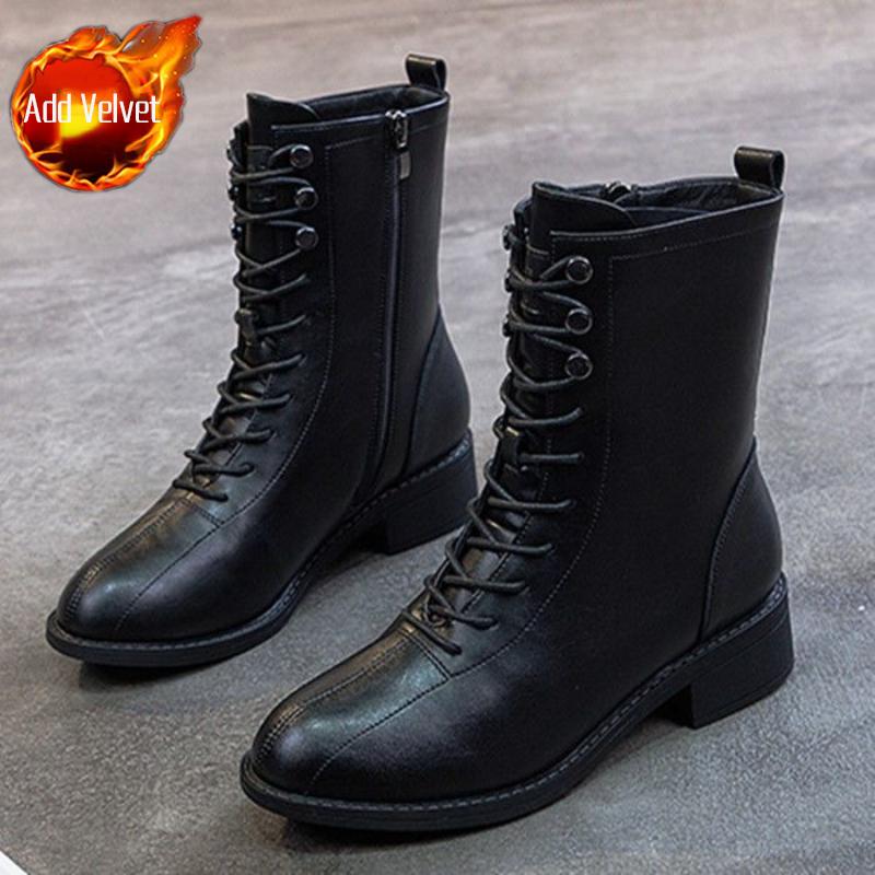 Fashion Elegant with Medium Heels Women's Ankle Boots Lace-up Leather Female Short Shoes Autumn Winter New in Sale Fashion 2025 Booties