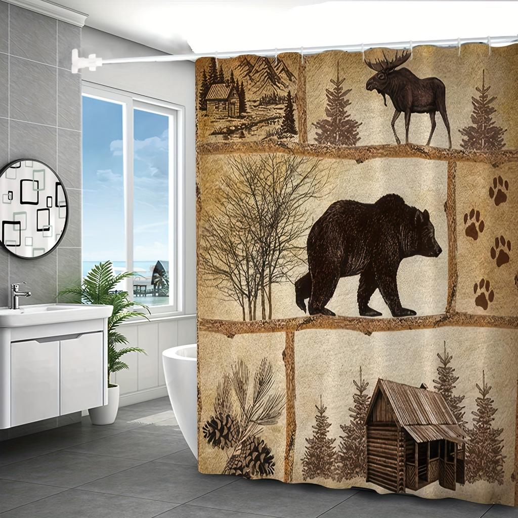 1Pc Shower Curtain - Rustic Wilderness Scene With Bears, Moose, And Cabin Design Waterproof