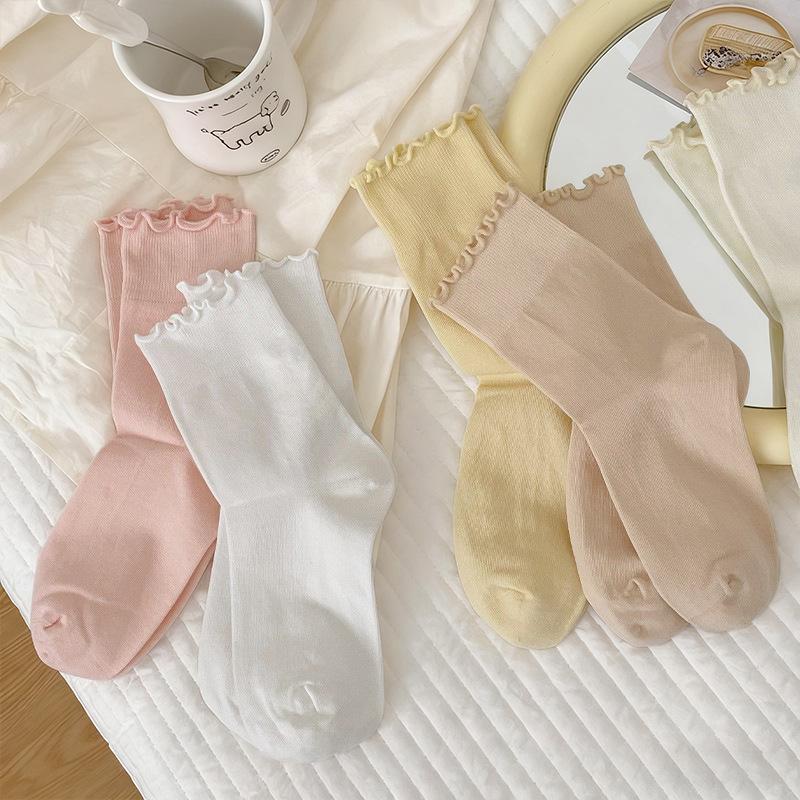 Women's Pure Cotton Candy Color Ruffle Mid-Calf Socks - Soft, Versatile, and Solid Color
