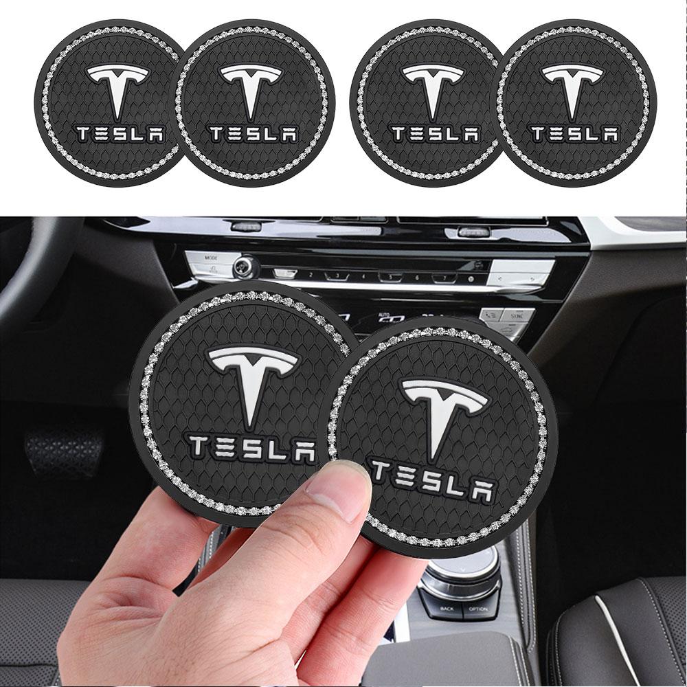 2pcs Car Non-slip Water Cup Pad Diamond Decoration Auto Accessories For Tesla Model 3 Model S Model X Y 2020 2021 2022 Roadster