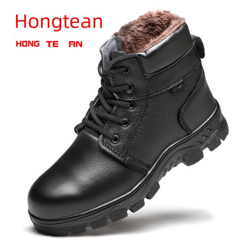 Pánské nepromokavé kožené bezpečnostní boty, vysoké s velurovou podšívkou, proti nárazu, proti propíchnutí, zimní pracovní obuv.