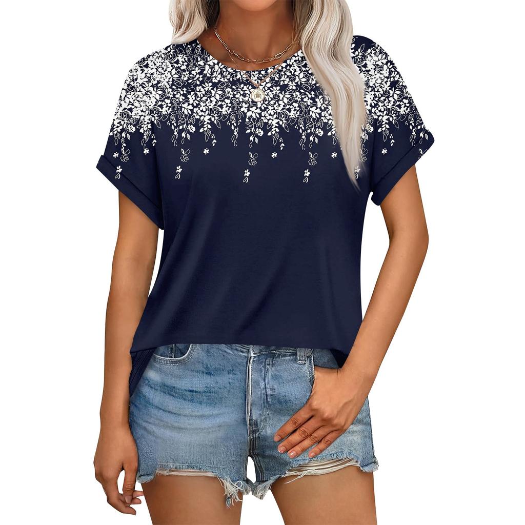 Women's Casual Fashion Round Neck Rolled Hem Short Sleeve Floral Top