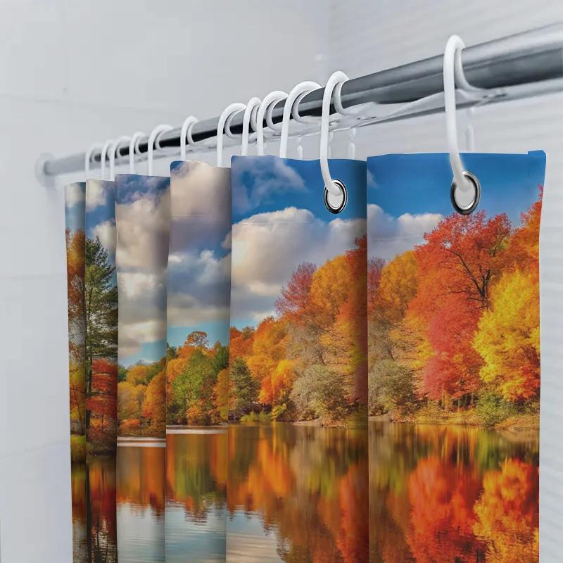High-Quality Autumn Scenery Shower Curtain Reflecting Leaf Colors In Waterfall Design Waterproof Bath Decor For Home Decoration