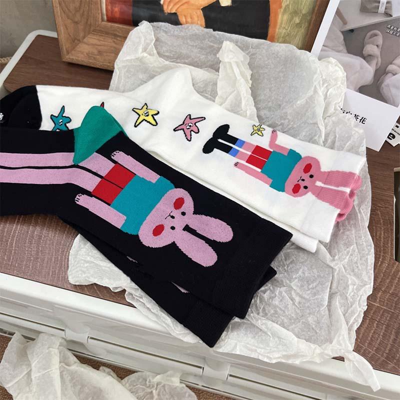 Socks Female Medium Tube Tide Girl Cute Cartoon Rabbit Striped Print Personalized Stockings