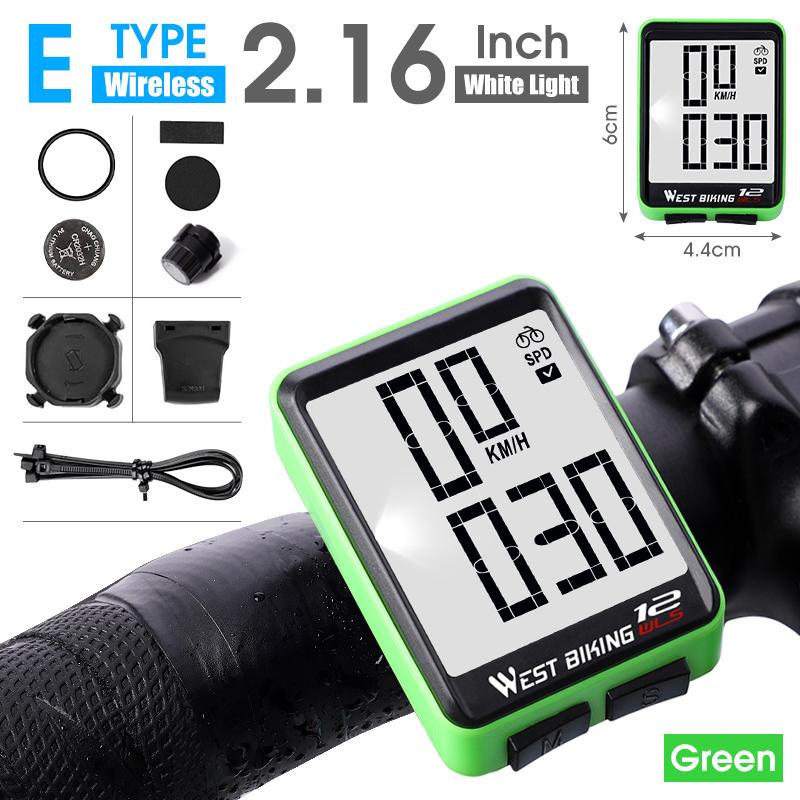 WEST BIKING Wireless Road Bike Computer Large Screen Bicycle Speedometer White Backlight Waterproof Odometer Cycling Stopwatch зелёный