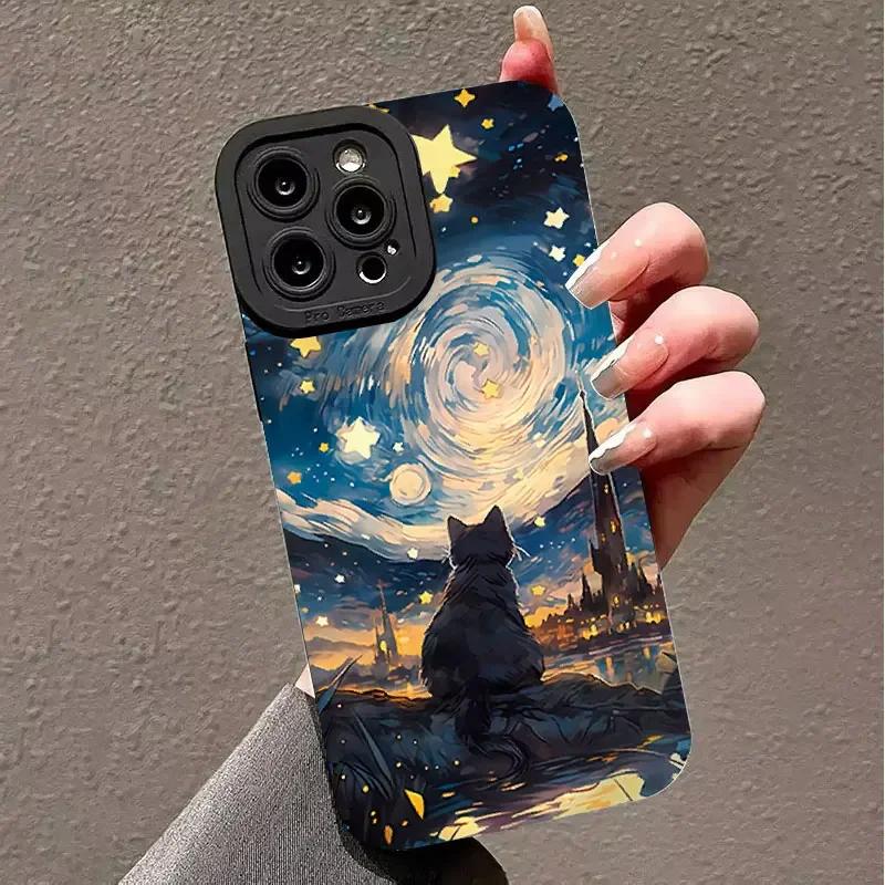 Starry Sky Cat Pattern Phone Case For iPhone 16 15 14 13 12 11 Pro Max XS X Plus SE 2022 2020 Shockproof Soft Silicone Cover