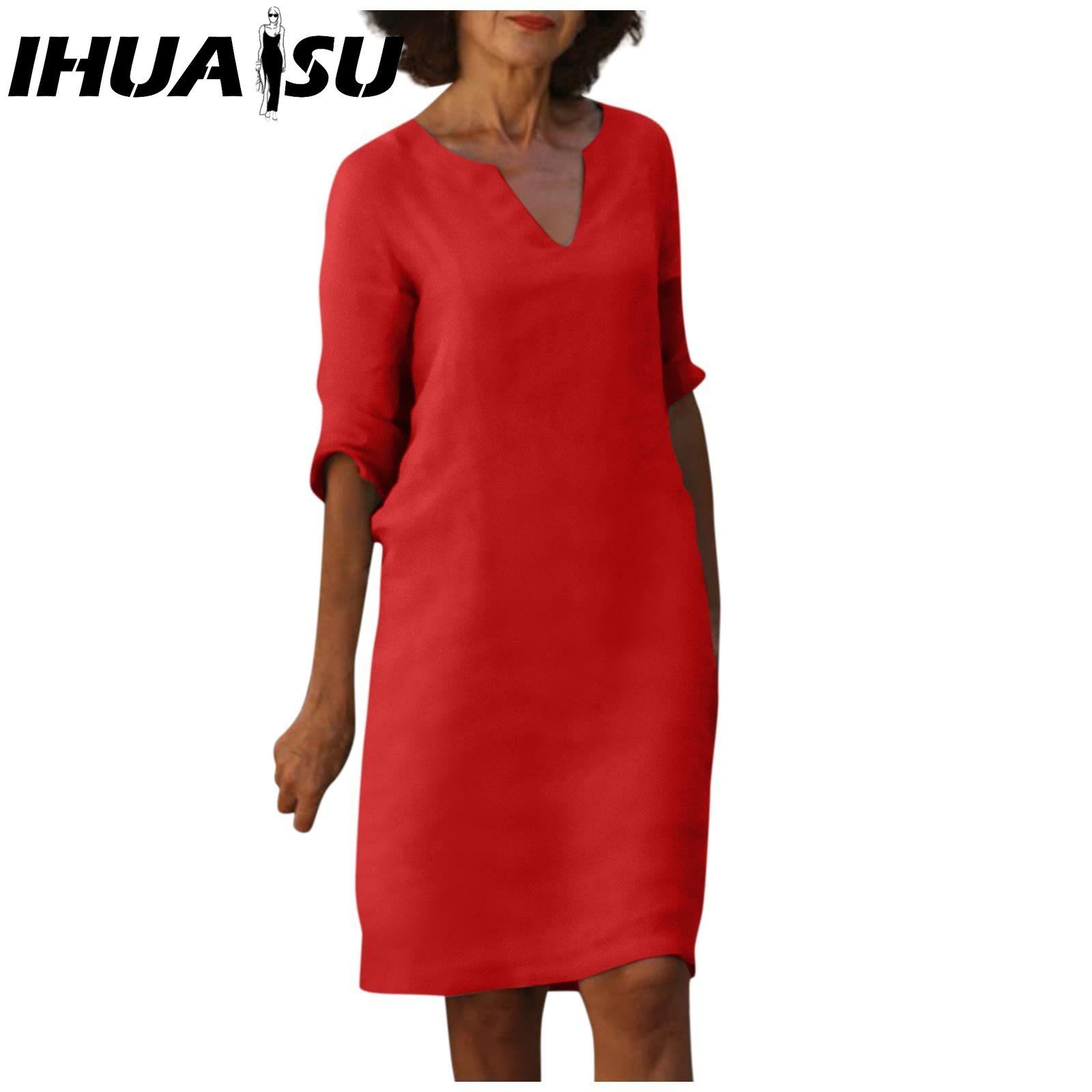 

IHUASU Women Summer Solid Color Cotton Linen Retro V-Neck Short Sleeve Dress Lightweight Breathable Dress XXXL червоний