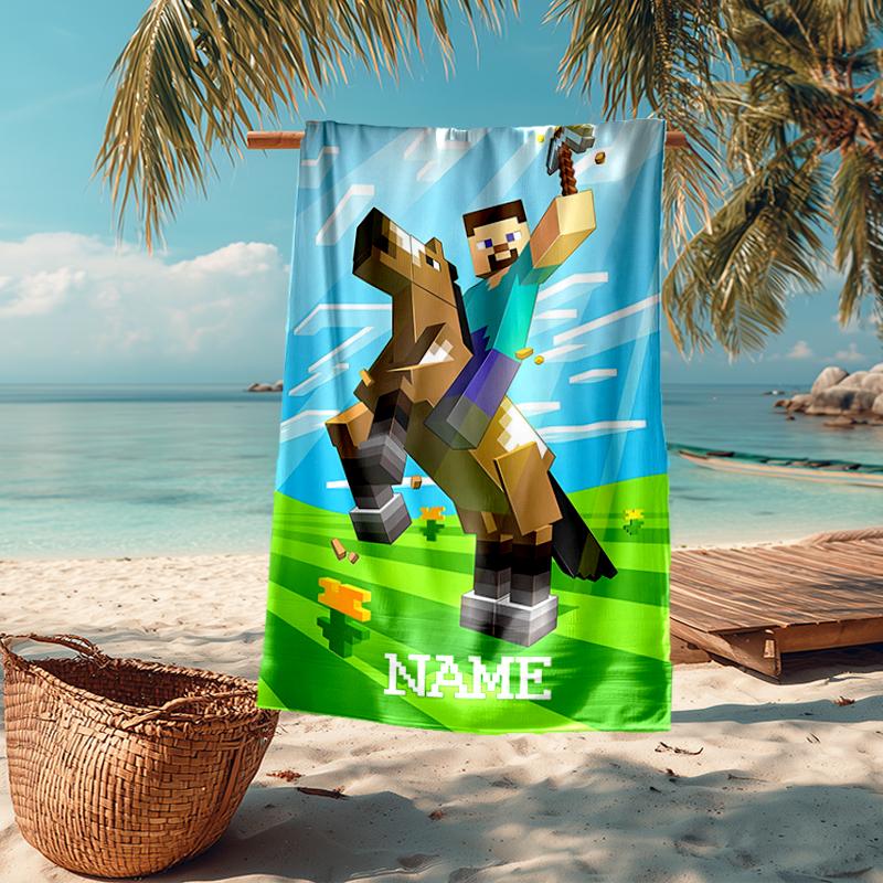 Custom Name Ultra-Soft Beach Towel with Minecraft Theme,Ideal for Pool - Camping, Diving - Perfect Travel Essential, Vibrant Beach Towel.