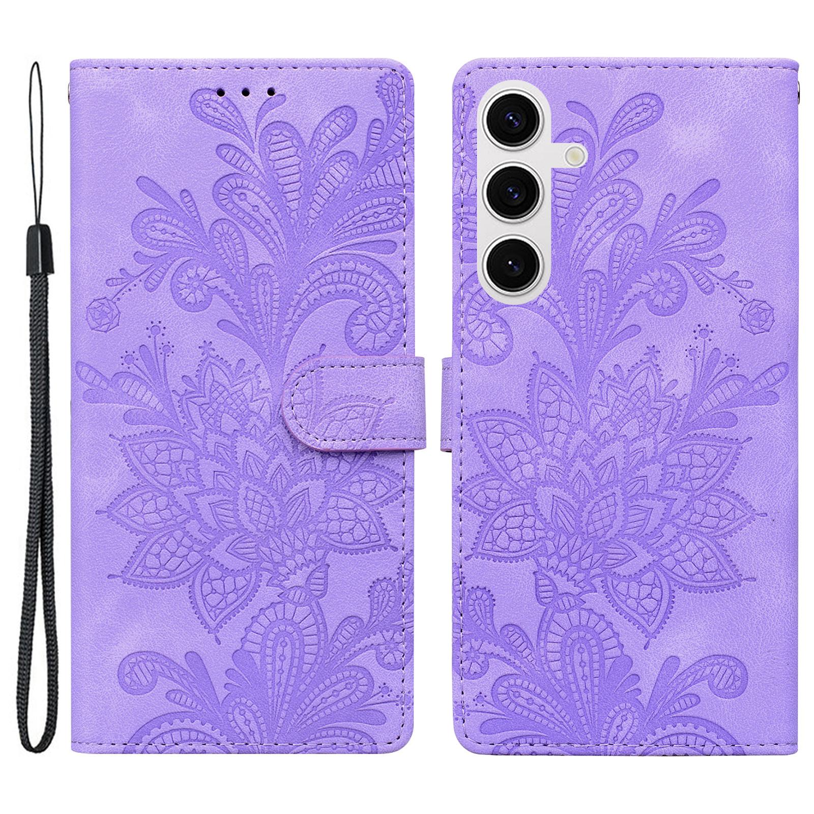 

For Samsung Galaxy S25/S24 Case Imprinted Lace Flowers PU Leather Wallet Phone Cover D