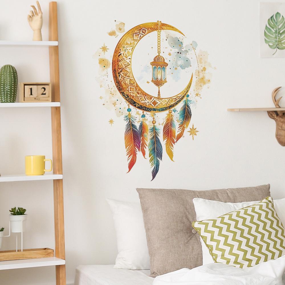 Creative Moon Feather Pattern Wall Stickers for Bedroom Living Room Home Background Decoration