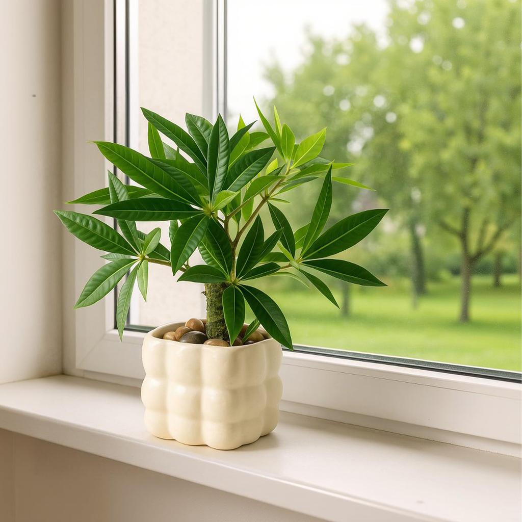 Photocatalytic Artificial Green Mini Houseplant, Tropical Houseplant, Money Tree, Ceramic Square Pot, Artificial Flower, Fake Plant, with Pot, Stylish