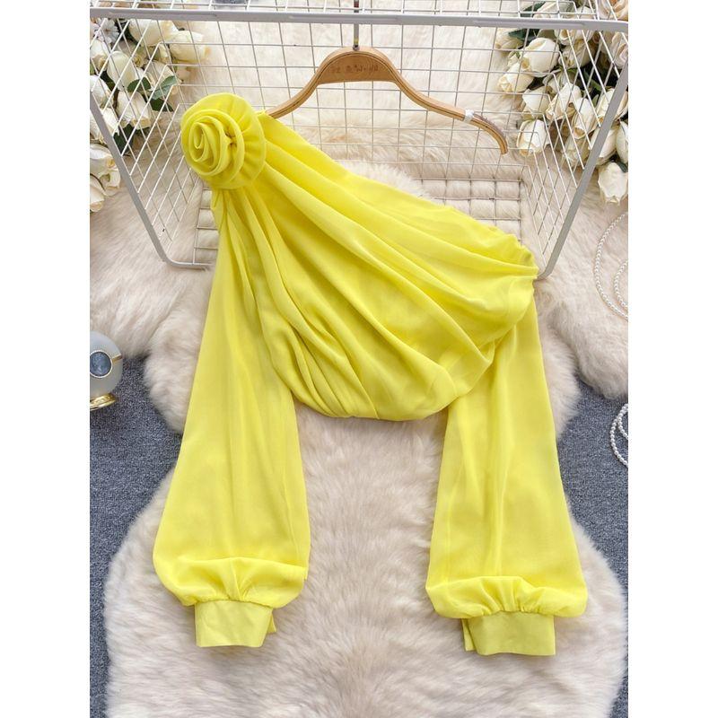 Shirt for Women 2024 New Design Sense Three-Dimensional Flower Diagonal Collar off-the-Shoulder Puff Sleeves French Tops Women's Spring Fashion