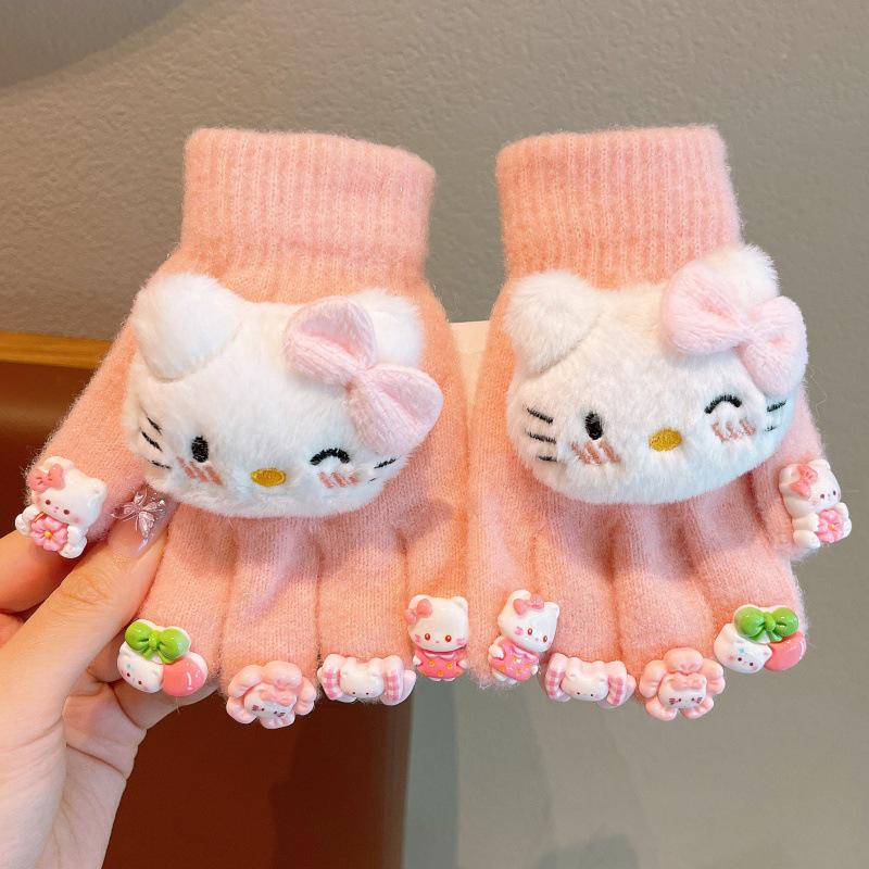 Girls' Kuromi Fleece-Lined Fingerless Gloves - Warm, Cold-Proof, Autumn/Winter Children's Accessories