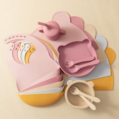 7PCS Silicone Feeding Sets For Baby Waterproof Bib Soft Placemat Suction Dishes Plate Bowl Sippy Cup Soft Utensils Tableware Set