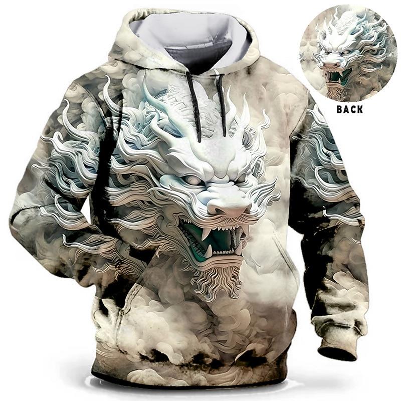 Men's hooded sweatshirt with dragon and tiger pattern for daily leisure, retro long sleeved hooded vacation, and sports