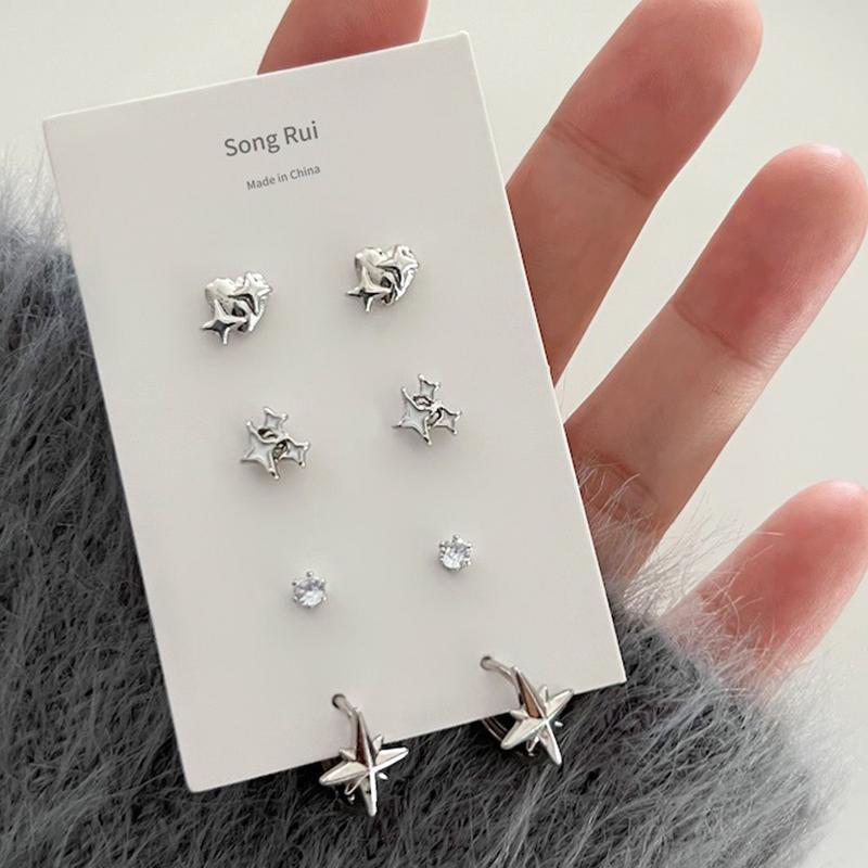 6Pcs Y2K Style Pink Crystal Starry Earrings Set for Women Exquisite Moon Tassel Chain Sweet Planet Accessories Fashion Jewelry