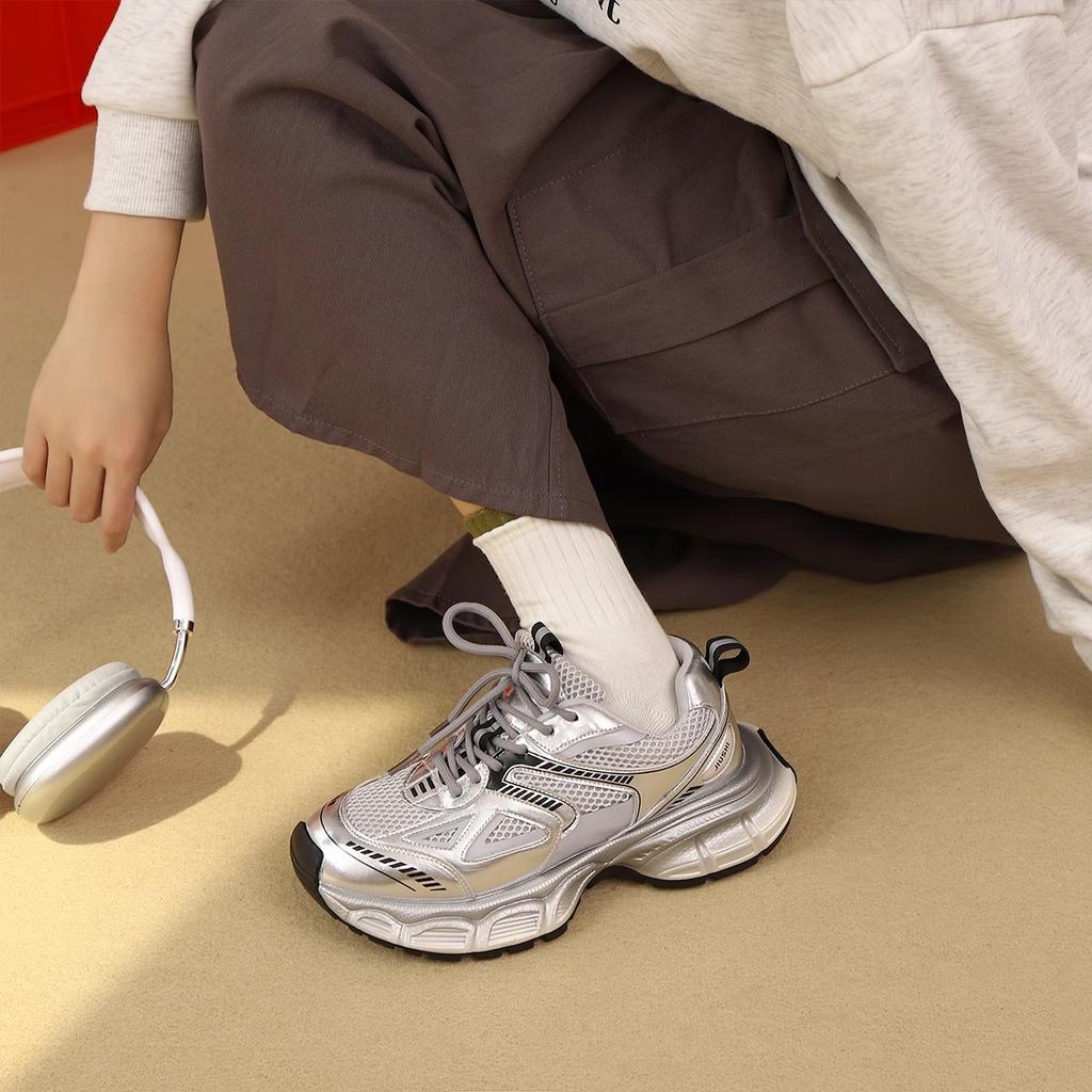 Novo Ins Moda Plataforma Prateado Tênis Dad Feminino Outono e Inverno Leve Tênis Casual para Corrida