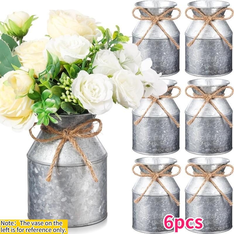 

6pcs White Galvanized Metal Milk Can Vases Bell-Shaped Wide Mouth Rustic Farmhouse Flower Buckets with Twine Vintage Table Decor