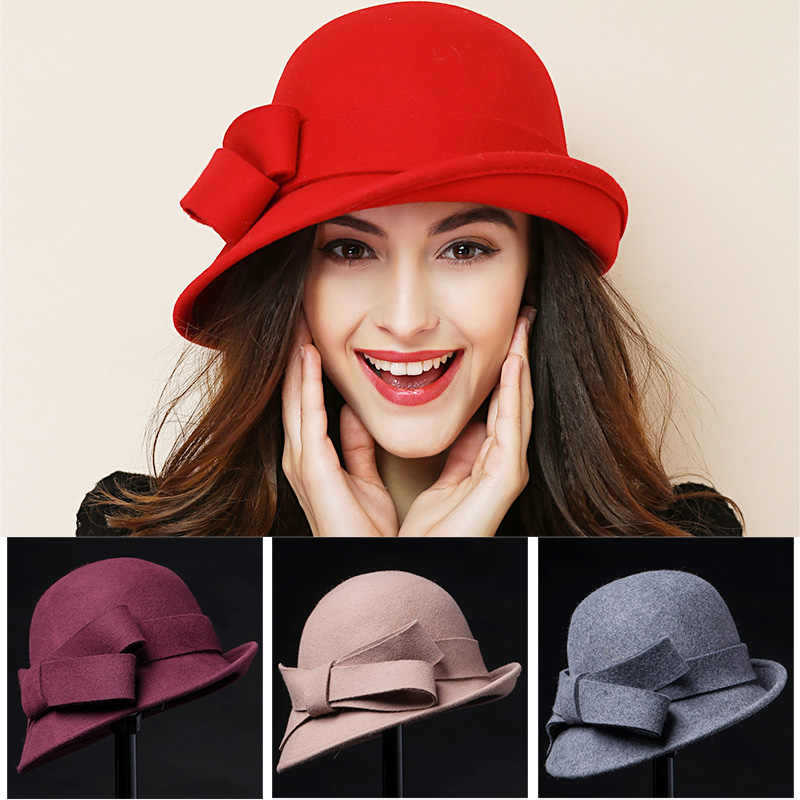 Hat for Women French Elegant Vintage Woolen Topper Curly Bow Fashion Pot Hat Big Head Fence Felt Court Hat