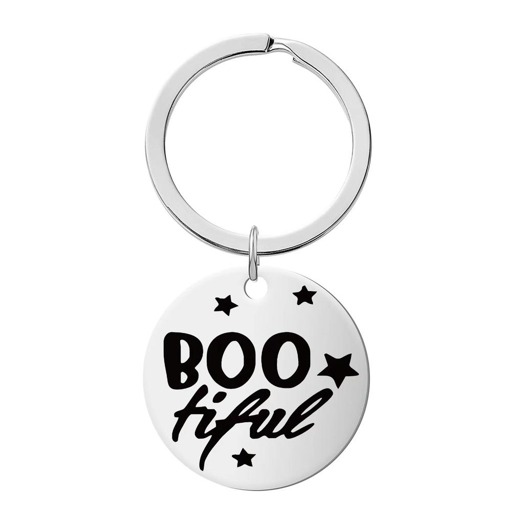 Halloween Keychain Pendant Stainless Steel Laser Engraved Round Tag Hanging Ornament Jewelry Stainless Steel Keychain for Backpack Bag Pendant