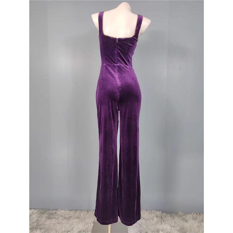 Export Lu's Elegant Diamond Decorations Shiny Purple Velvet Texture Sexy Low-Cut Sheath Jumpsuit Pants with Chest Pad