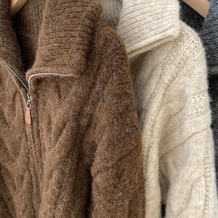 Dámský podzimní zimní ležérní styl volný pletený kardigan retro jednobarevný dvojitý zip límeček s klopami svetr dámský top