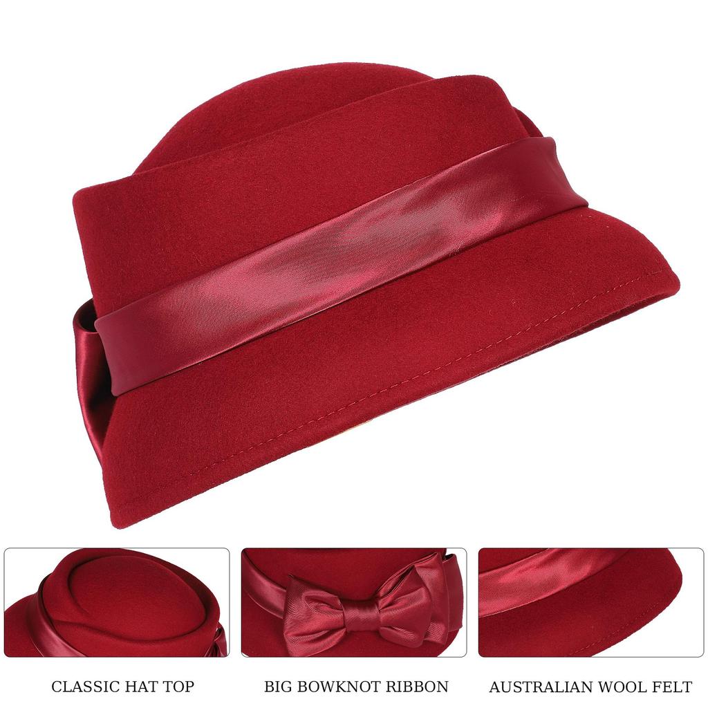 Women’s Vintage Wool Cloche Church Hat with Satin Bow Elegant Bowler Bucket Hat for Tea Party Wedding Garden Formal Events