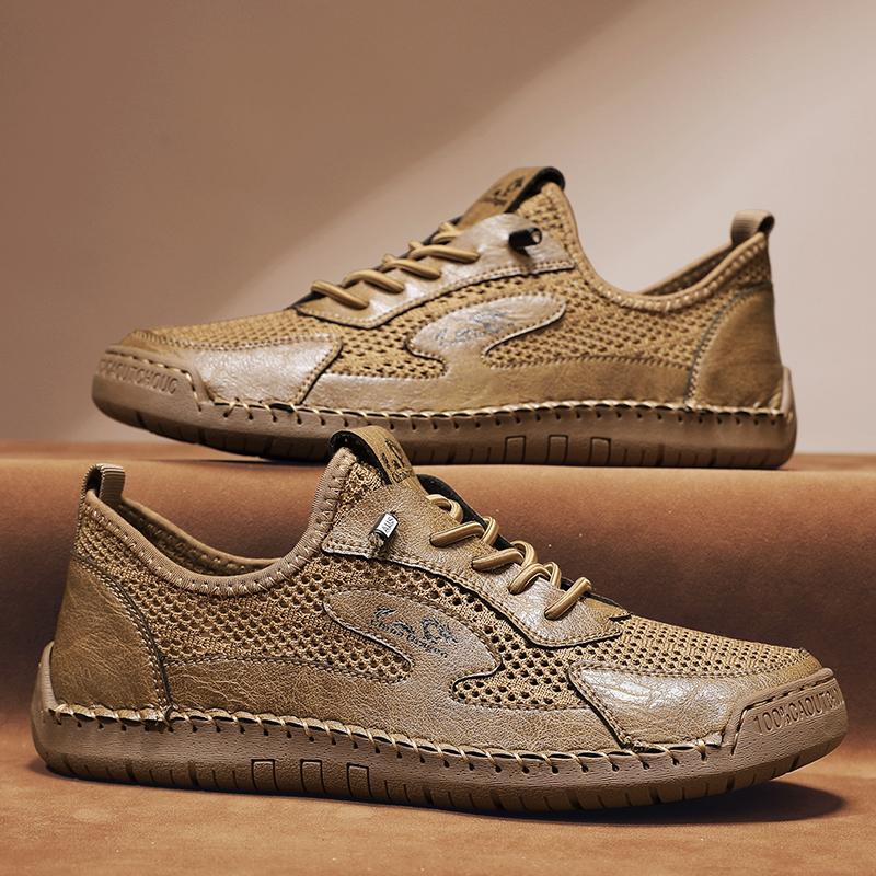 

Сшитые вручную мужские сандалии с сетчатым сращиванием из микрофибры для повседневных сандалий, удобные дышащие легкие туфли для вождения 46