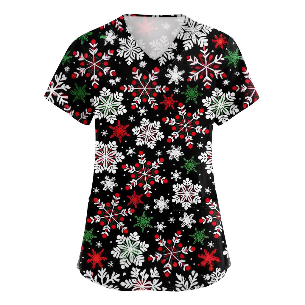 Women's V-neck Christmas Printed Short-sleeved Pocket Side-slit Protective Suit Top