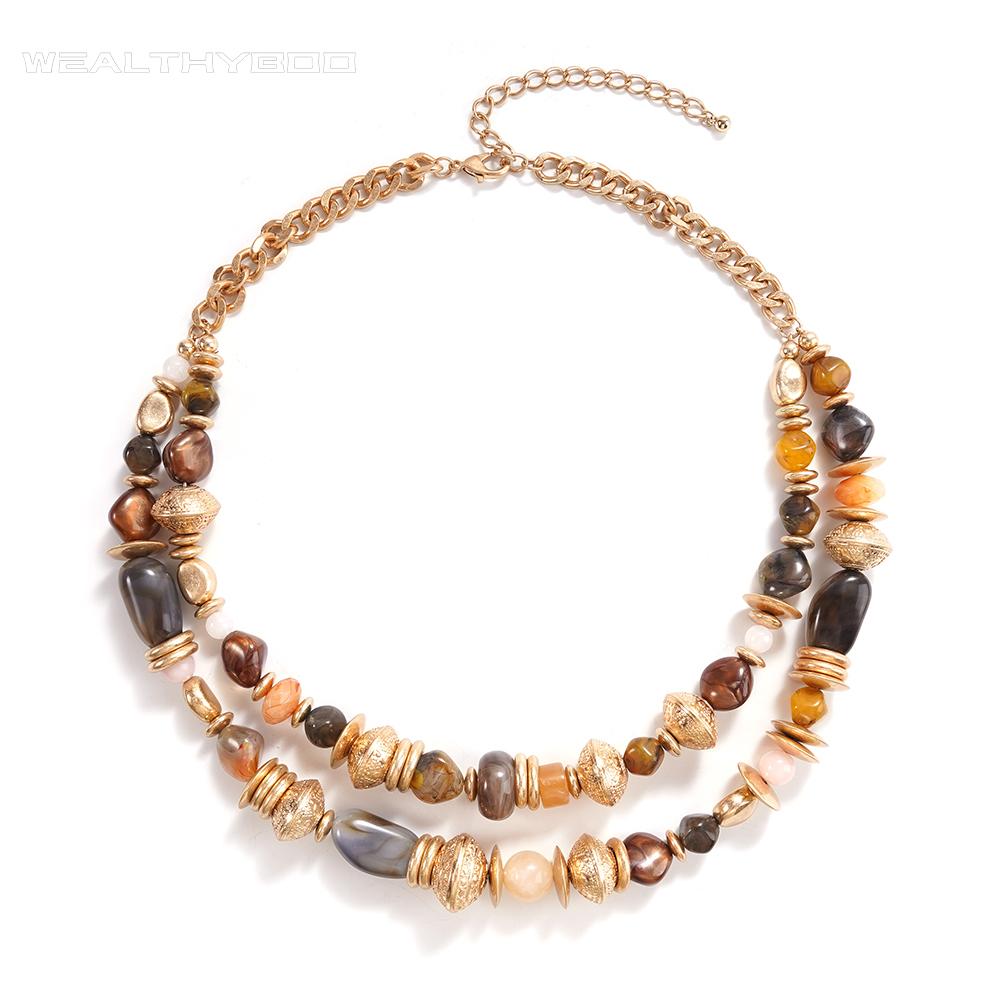 Layered Gold Tone Chunky Beaded Statement Necklace for Women Boho Vintage Style Adjustable Chain Fashion Jewelry Trendy Daily