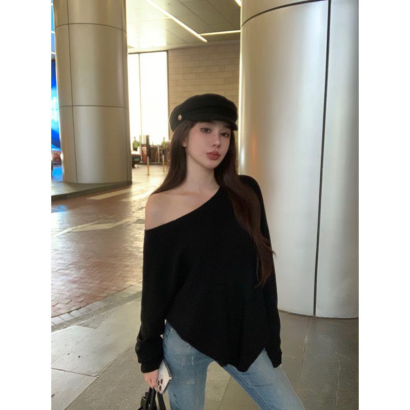Loose Slim Looking Casual off-the-Shoulder Knitting Short Sleeve T-shirt