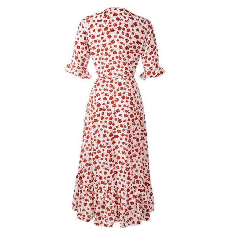 Summer Women Chiffon Wrap Dress V Neck Short Sleeve Long Print Dresses Ruffled Hem Sizes S XXL