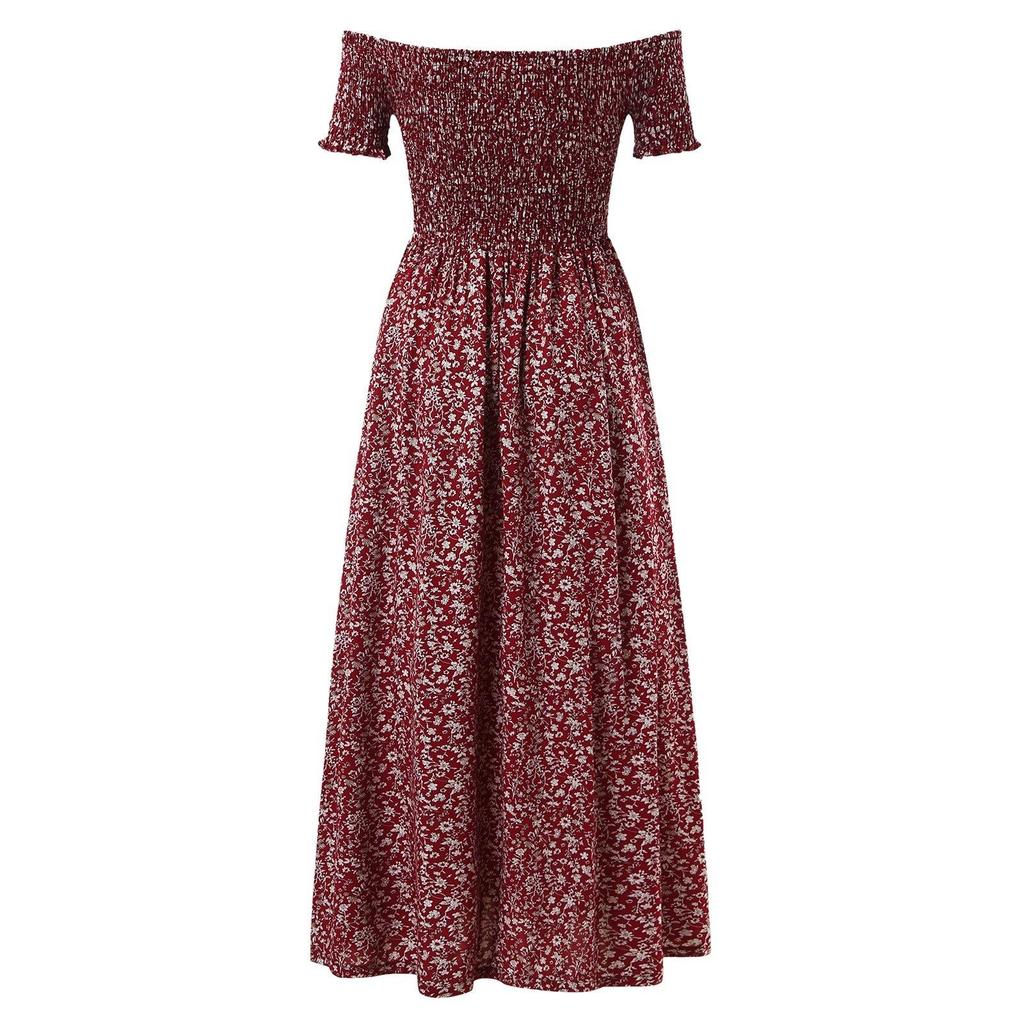 Summer Dress Plus Size Casual Bohemian Printed Strapless One Neck Split Dress Long Floral Dress