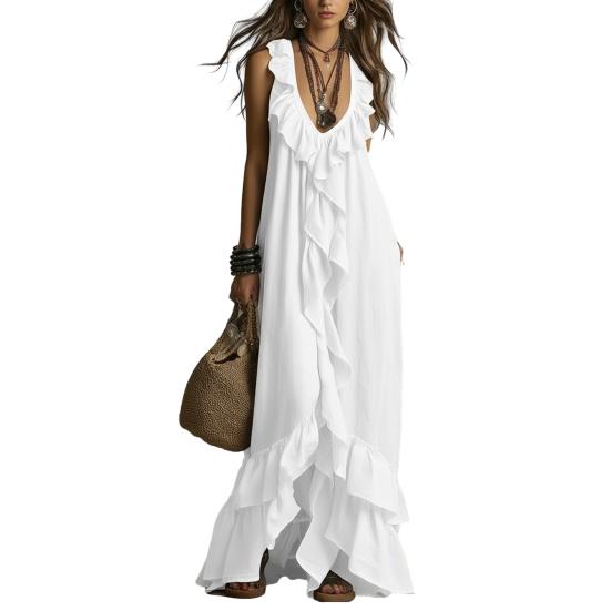 

Women Bohemian Long Dress Summer Ruffle Deep V Neck Sleeveless Swing Dress Solid Color M білий