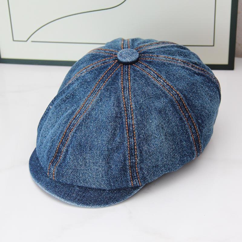Cappello a visiera in denim lavato e invecchiato, circonferenza testa grande, berretto ottagonale anti, cappello da strillone pittore retrò versatile per bambini