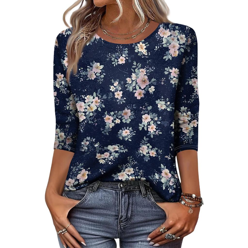 Women's Casual Floral Print Three Quarter Sleeve Crew Neck Top Lightweight Soft Fabric Comfortable Fit Daily Wear