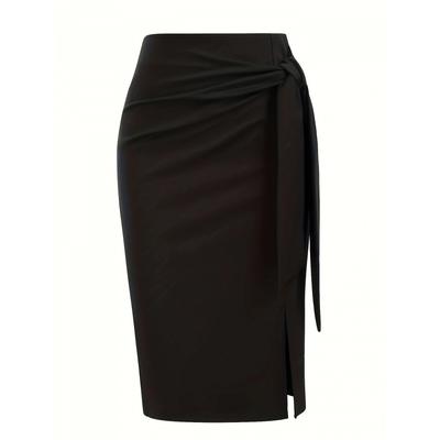 Women's Solid Color Elegant Professional High-Waisted Bow Knee-Length Slit Skirt