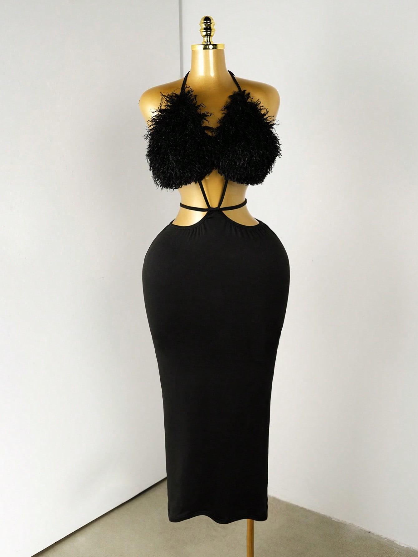 Halter Fur Patch V-Neck Bodycon Elegant Dress Medium