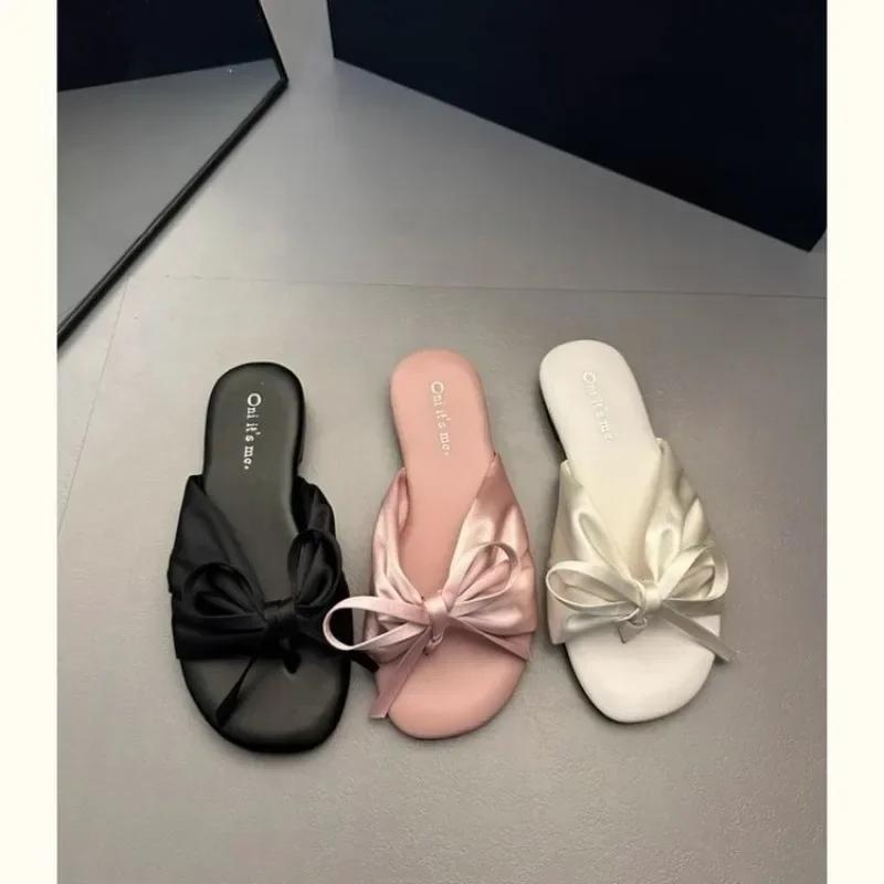Fashion 2024 High Quality Shoes for Women Open Toe Women's Slippers Fashion Daily Slippers Women Bow Tie Round Toe Flat Ladies Shoes