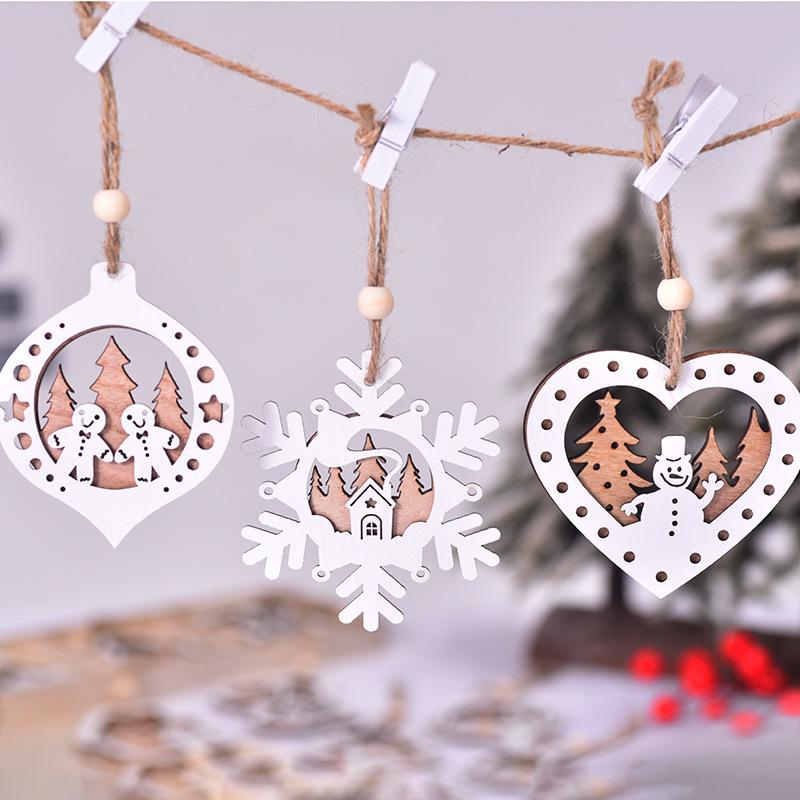 Christmas Decorations, Christmas, Wooden Pendants, Laser Hollow Out, Double-layer, White Hanging Decorations, Christmas Tree Snowflake Pendants