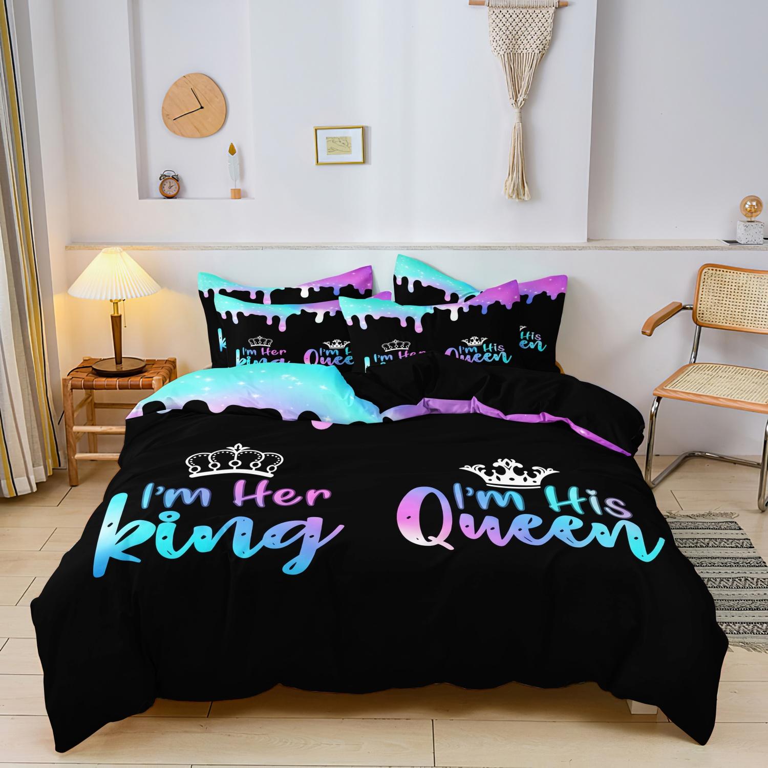 

3Pcs King Queen Crown Letter Print Bedding Set Included 1 Duvet Cover & 2 Pillowcases For All-Season Home Hotel Dorm Decorative 135x200cm