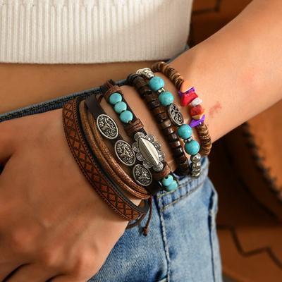 Stylish Retro Leather Hand-woven Beaded Wood Beads Retro Flower Inlaid Turquoise 6